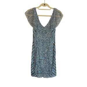PARKER Designer Light Blue Sequin Cocktail Mini Dress - V-Neck - Size 2